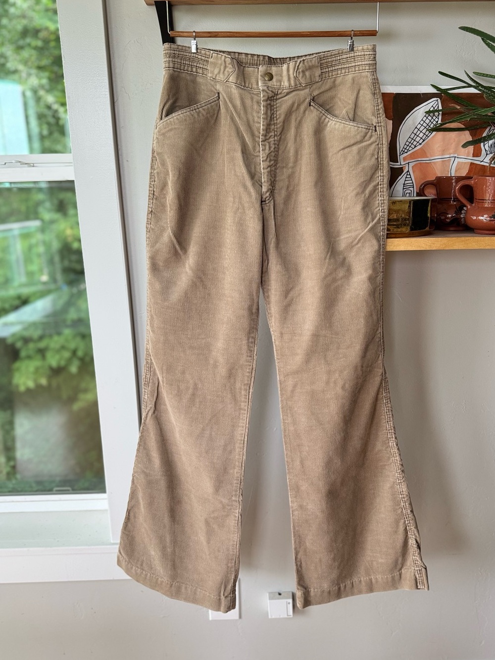 Vintage 90s Over The Top Tan Corduroy Bell Bottoms Flare Leg Pants Waist 31”